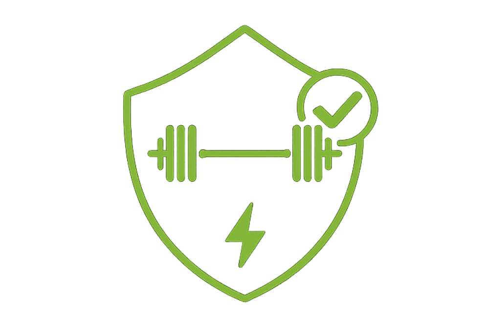 Green icon of a shield with a barbell and check mark inside on a white background