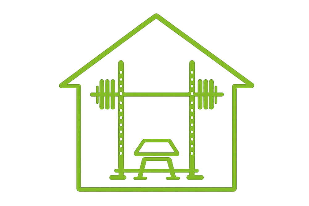 Green outline of a house with gym equipment inside on a white background