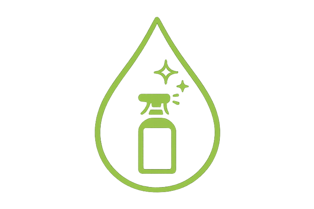 Green icon of a droplet with a spray bottle inside on a white background